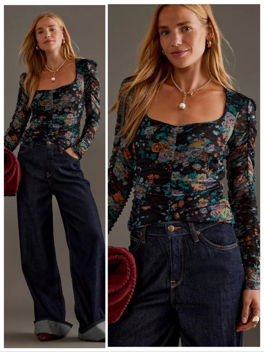 Anthropologie Long-Sleeve Ruched Top Medium Garden Girl Coquette Floral Black